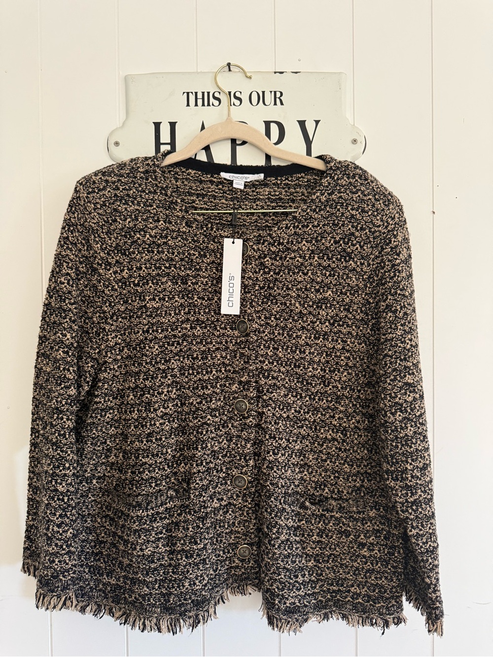New Chico's Black & Cream Textured Bouclé Button Cardigan - Picture 1 of 10